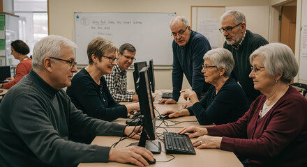 Senior Citizens Navigating Computer Skills Together Overcoming Recession Challenges with Collaborative Learning