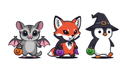 Halloween Trio: A charming trio of cartoon animals are ready for Halloween fun, featuring a bat, a fox, and a penguin, all dressed in adorable costumes and holding pumpkin-shaped treat buckets.