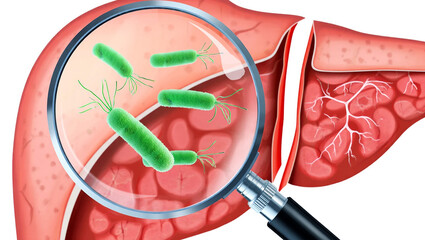 Magnified green bacteria within red organ tissue flagella