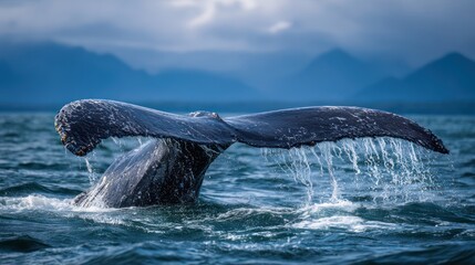 Fototapeta premium Majestic Whale Tail Emerging from Ocean Water under Cloudy Skies