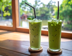 Two iced green drinks on a wooden table by a window