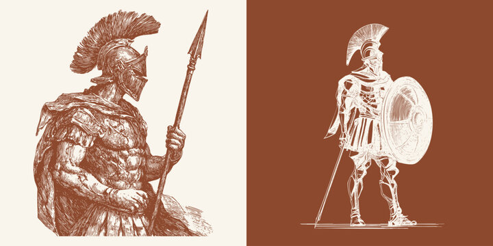 Engraving of Greek hoplites with spear and shield. Vintage line art warrior illustration for culture, history, classical projects.