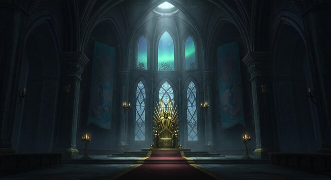 Odin's Shadowy Throne Room in Asgard: Hlidskjalf Bathed in Ethereal Aurora Borealis Light
