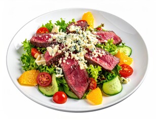 Steak salad greens, rare meat, cheese, tomato, orange, cukes