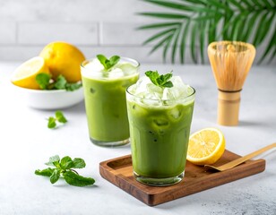 Two iced matcha drinks with mint and lemon