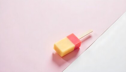 A popsicle with yellow, red and pink stripes on a wooden stick, casting a shadow on a pink and white background
