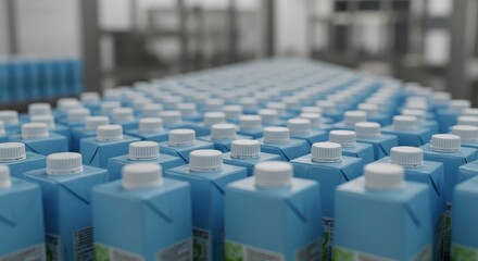 Obraz premium Numerous beverage cartons, each filled with a refreshing liquid, are neatly arranged on a production line, displaying a blue color scheme with white caps, showcasing a modern industrial setting for...