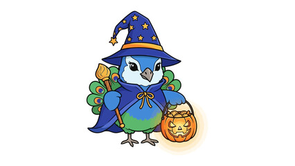 Whimsical Halloween Wizard Bird: A delightful cartoon bird, donning a wizard hat and cloak, gleefully clutches a glowing pumpkin, embodying the spirit of Halloween in vibrant detail.