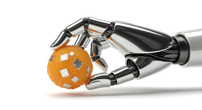 A sleek robotic hand delicately holds an orange dessert ball embedded with metallic squares and a QR code, symbolizing the fusion of futuristic technology, precision, and culinary innovation.

