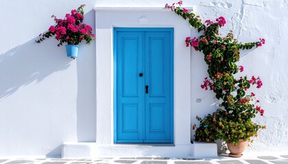 Fototapeta premium Charming Blue Door with Bougainvillea in Greece