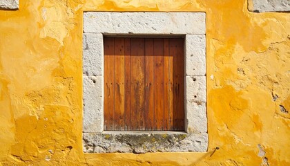 Weathered Wood Window on Yellow Plaster Wall with Stone Frame Detailing