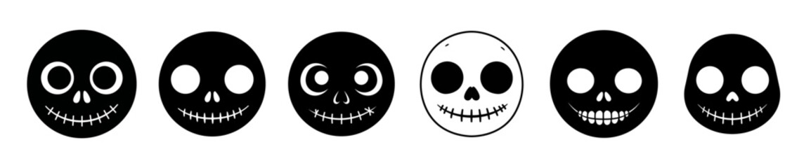 A row of six skull-like faces with varying eye and mouth designs, some black and some white.