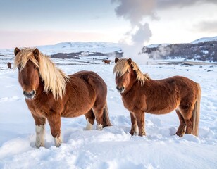 Two Icelandic horses in snowy landscape at sunrise