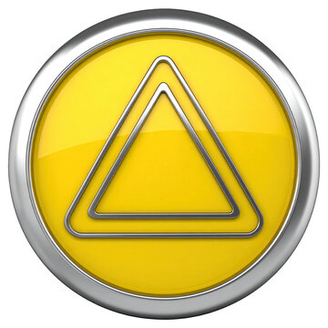 Glossy, yellow, and circular icon features a silver metallic outline and a detailed double triangle symbol within a bright, clean design, set against a stark black background, creating a modern,...