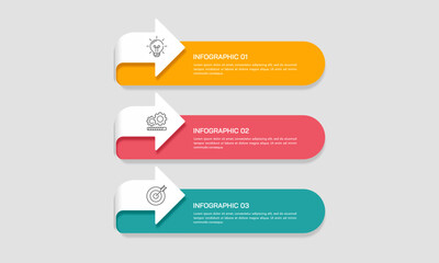 Creative 3 Point Business Infographic arrow with Icons for Idea, Process, and Target Achievement. Presenation, Plan and Banner. Vector illustation.