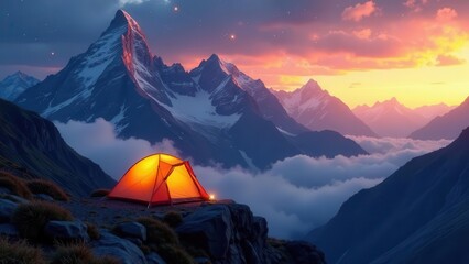 Illuminated Tent on Mountain Peak at Sunset Over a Sea of Clouds