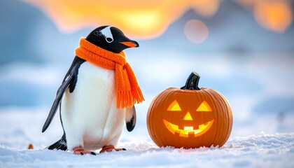 Obraz premium Penguin with Scarf and Jack-o'-Lantern at the North Pole