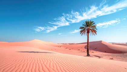 Desert scene with tall palm tree and textured sand dunes
