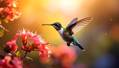 Fototapeta premium A ruby-throated hummingbird in flight, small avian wildlife feeding on a bright flower