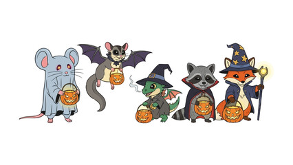 Halloween Creature Party: A charming scene where a group of whimsical creatures, dressed in delightful Halloween attire, gather together for trick-or-treating.