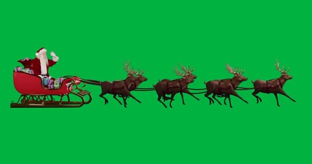 Animation of christmas santa claus in sleigh with reindeer on transparent background - Powered by Adobe