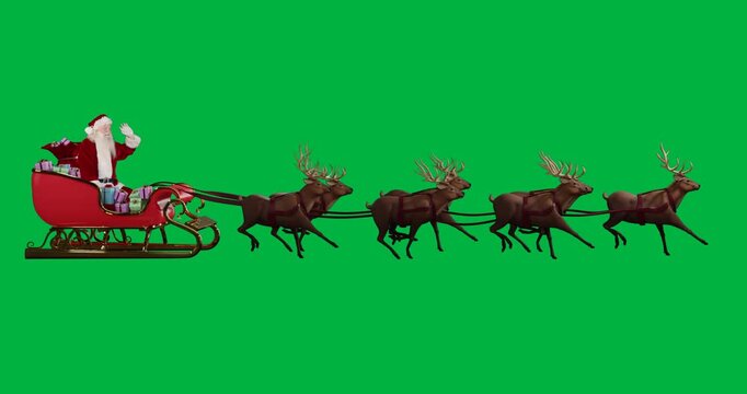 Animation of christmas santa claus in sleigh with reindeer on transparent background
