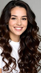 Naklejka premium Beautiful laughing brunette model girl with long curly hair. 