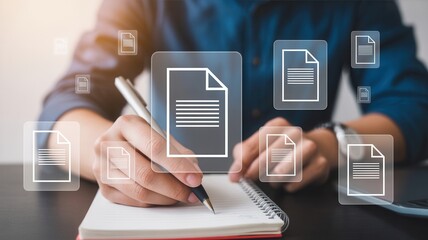 Fototapeta premium Person meticulously organizing digital documents and notes with a pen and notebook, surrounded by glowing file icons, representing modern data management and information workflow efficiency.
