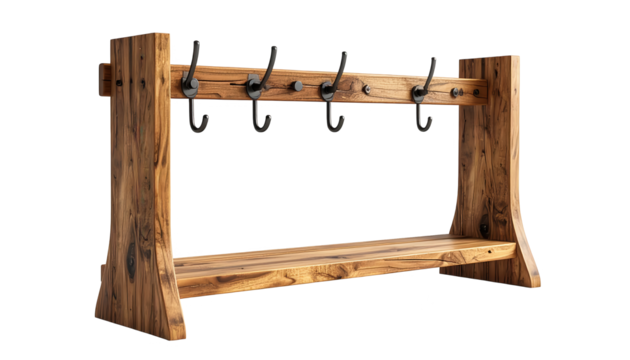 Rustic wooden coat rack with black hooks and a shelf is showcased against a stark black backdrop, highlighting its natural wood grain and craftsmanship, creating a focus on functional design.