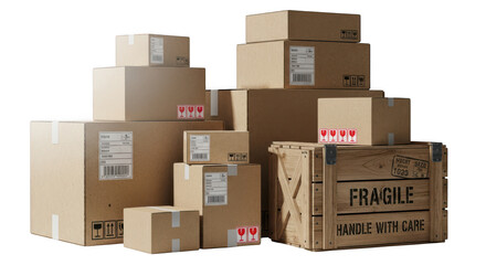 A stack of cardboard shipping boxes isolated on transparent background