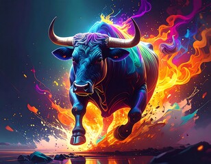 A mythical bull erupts in a blaze of color