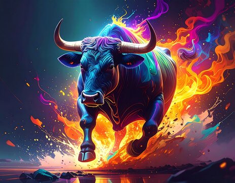 A mythical bull erupts in a blaze of color