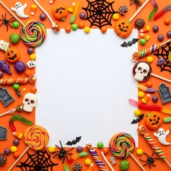 Assortment of Halloween candies lollipops spiders and pumpkins scattered around a white copy space