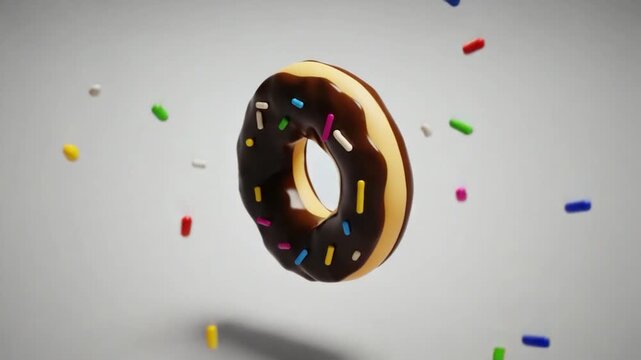 A chocolate-glazed donut with colorful sprinkles, hovering in mid-air against a plain light gray background
