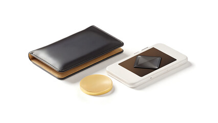 Modern smartphone with wallet and accessories on white background  