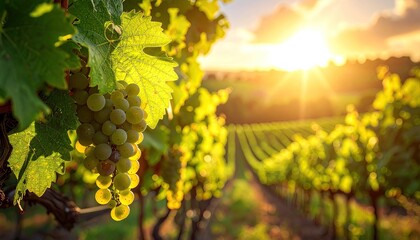 Sunlit Vineyard Landscape with Green Grapes and Rows in Golden Light