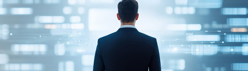 Fototapeta premium Businessman in dark suit stands facing futuristic digital interface with glowing data and light effects, symbolizing technology and innovation