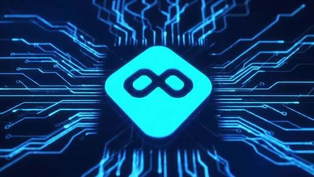 Abstract digital circuit board with glowing blue infinity symbol at the center, representing technology and connectivity
