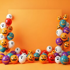 Festive Halloween balloons with pumpkin and ghost faces arranged on an orange background