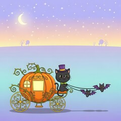 A black cat in a top hat drives a pumpkin carriage pulled by bats under a starry night sky