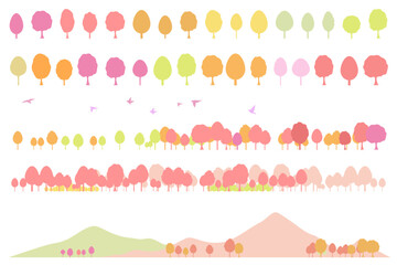 紅葉した広葉樹と山のシルエットのイラストセット　背景イラスト