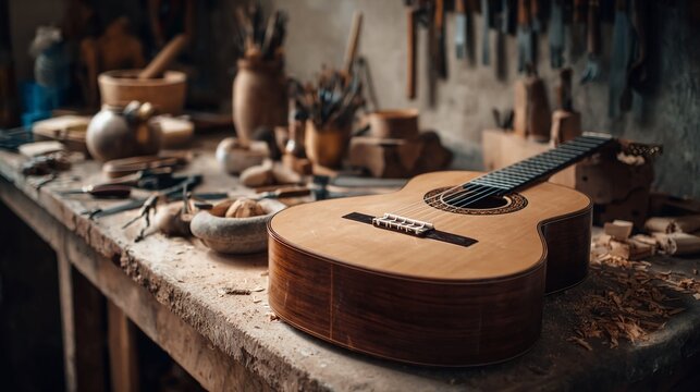 Captivating acoustic guitar resting on a rustic workbench amidst woodworking tools, evoking a sense of artisanal craftsmanship and musical passion.