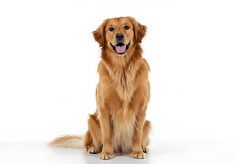 Charming Golden Retriever Smiling Brightly Against a Pure White Background, Capturing the Essence of Pet Happiness and Loyalty