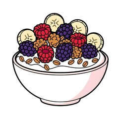 A white bowl overflowing with granola raspberries blackberries banana slices and oats