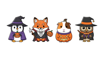 Halloween Crew: A charming lineup of adorable cartoon animals, each in a whimsical Halloween costume, ready for trick-or-treating, capture the spirit of spooky season.
