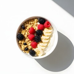 A bowl of yogurt with granola sliced bananas raspberries and blackberries
