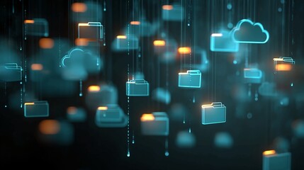 Dynamic digital cloud data storage concept with glowing folder icons and abstract network connections creating a futuristic, secure, and organized information system for technology and business.