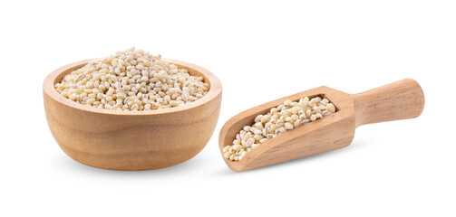 pile of pearl barley in wood bowl scoop isolated on transparent png ( image from camera )
