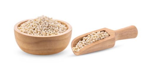 pile of pearl barley in wood bowl scoop isolated on transparent png ( image from camera )