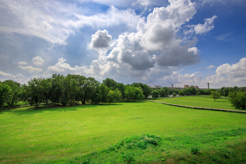 Naklejka premium Large, open field with a few trees in the background